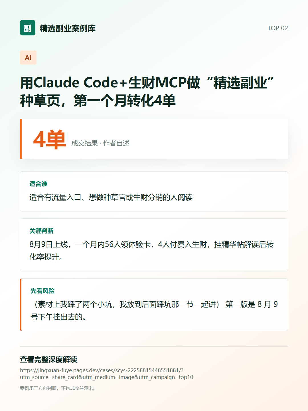 用Claude Code+生财MCP做“精选副业”种草页,第一个月转化4单分享卡