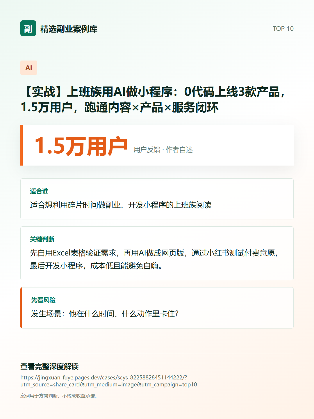 【实战】上班族用AI做小程序:0代码上线3款产品,1.5万用户,跑通内容×产品×服务闭环分享卡